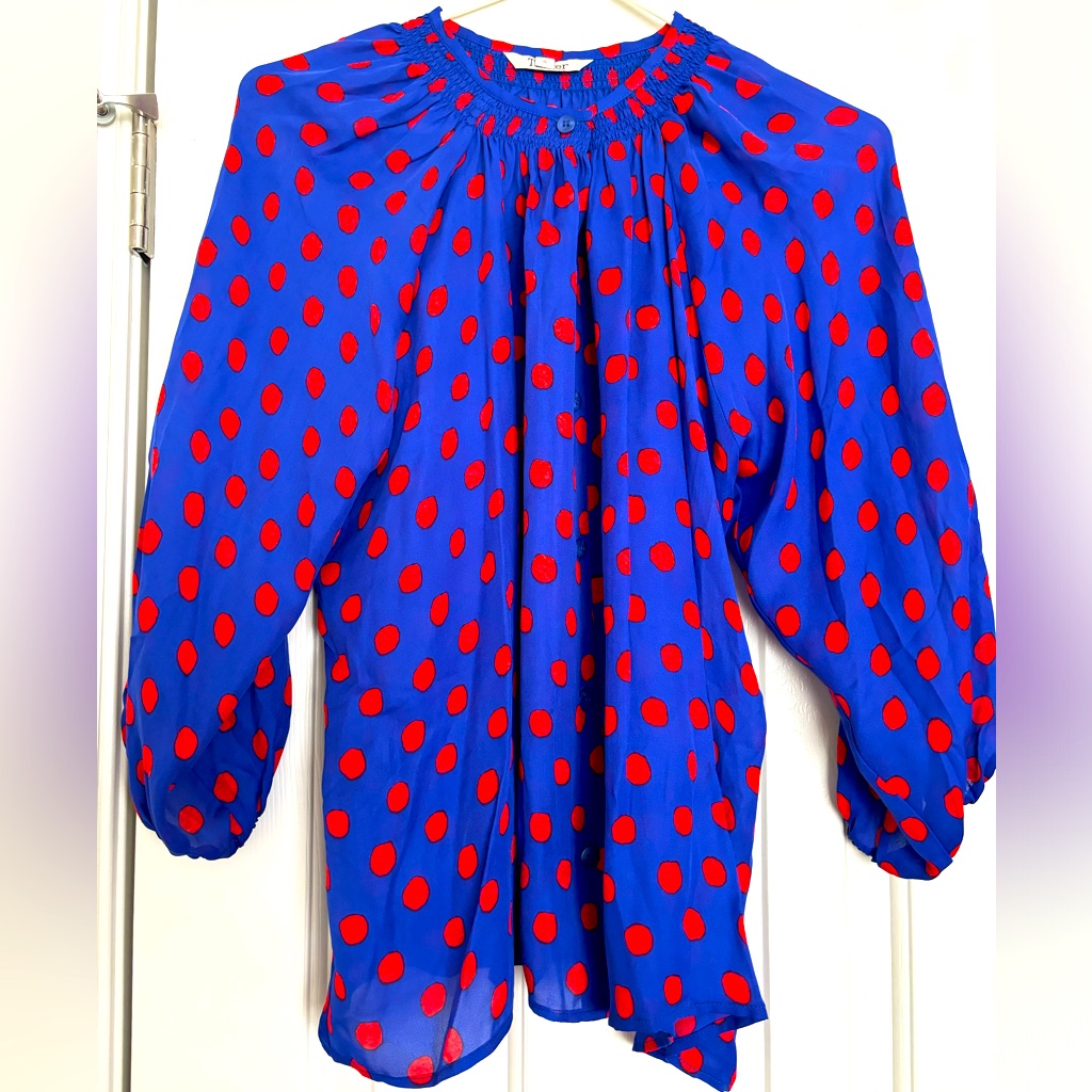 Real Silk Cobalt Blue And Red Polka Dot Button Gathered Neck Loose Blouse